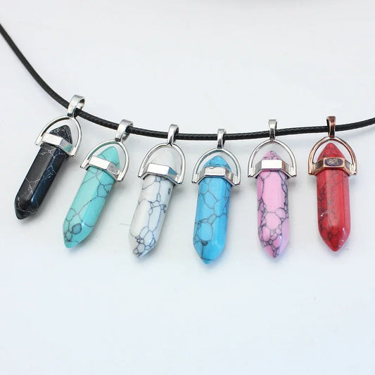 Natural Stone Pendant Necklace Women Girl Gift18inch PU Leather Hexagonal Column Pointed Reiki Chakra Lapis Opal Chunky Jewelry