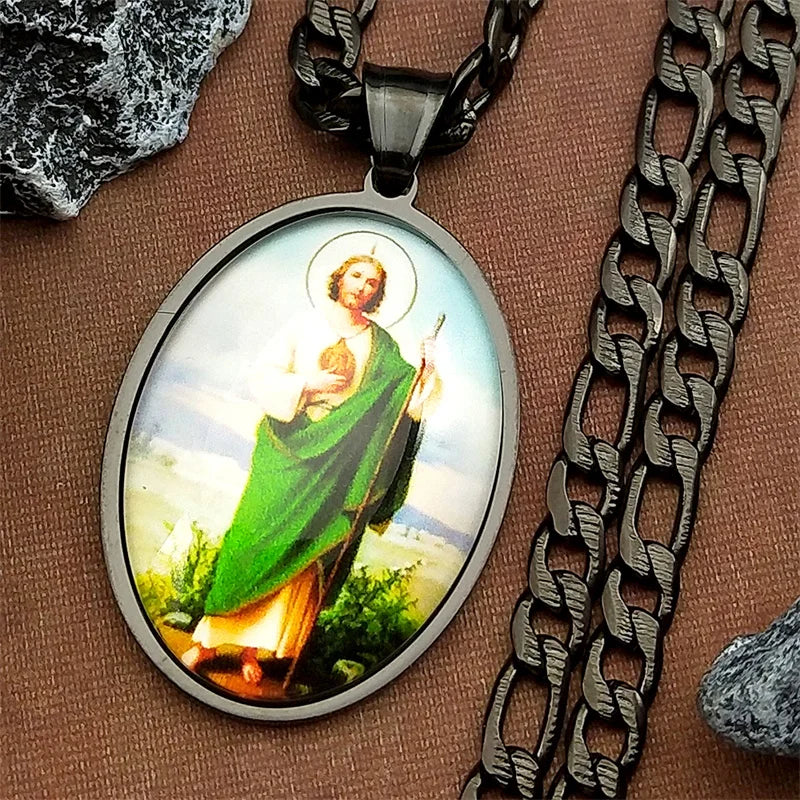 San Judas Tadeo Medal Pendant Necklace for Women Men Stainless Steel Gold Color Saints Apostle of Jesus Amulet Faith Jewelry