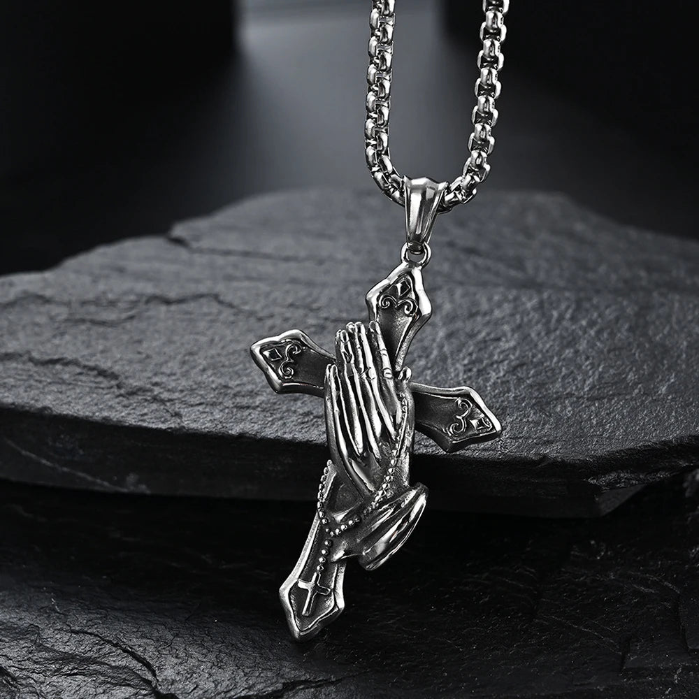 Vintage Praying Hands Cross Pendant Necklace hip-hop Stainless Steel Chain Neck Accessories Hip Hop Rock Jewelry 2025 Gifts