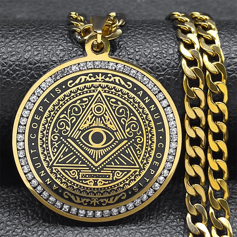 Eye of Providence Illuminati Pyramid Hip Hop Crystal Big Necklace Men's Chain Stainless Steel Gold Color Accessories man NZZZ488