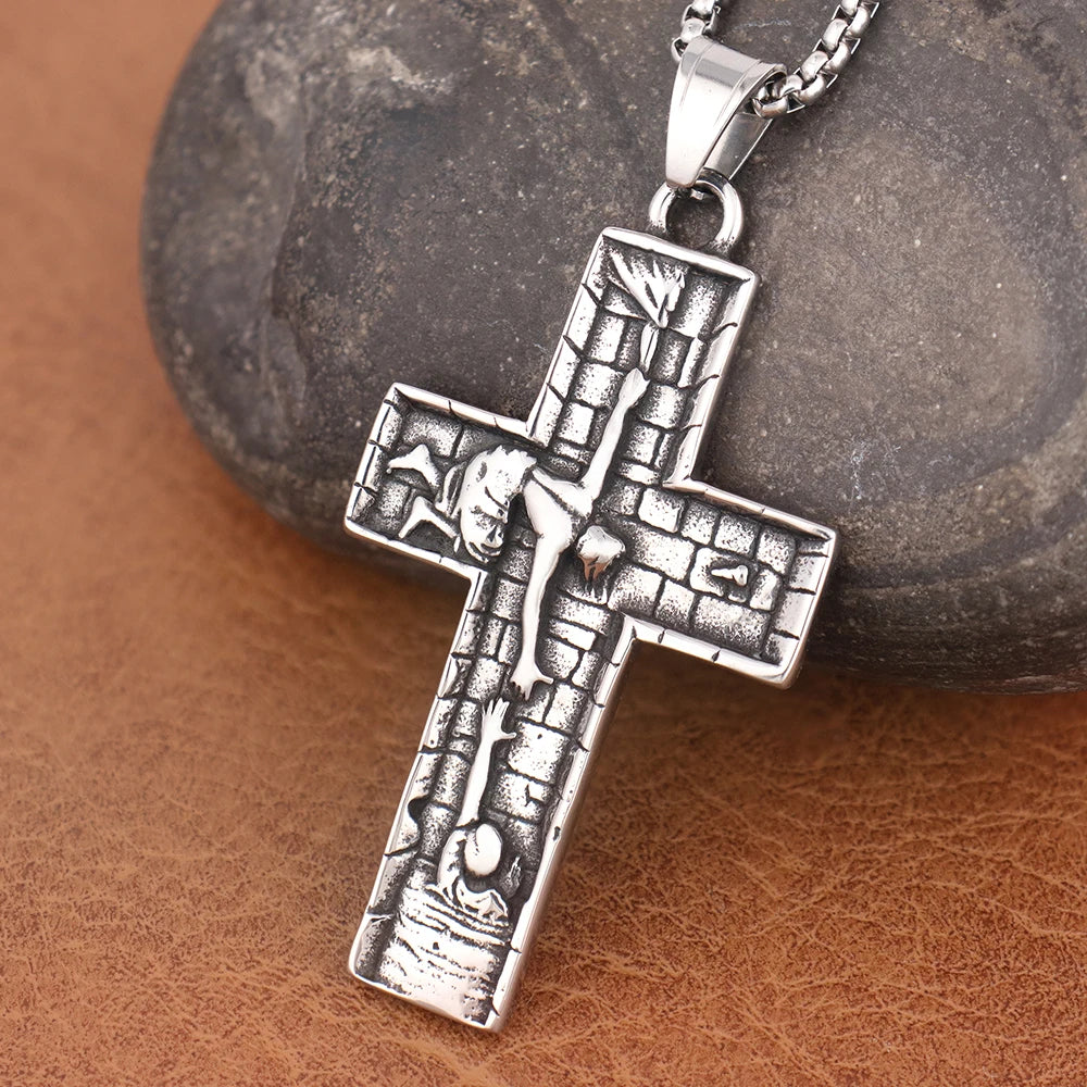 Vintage Design Jesus Savior Cross Pendant Chain High Quality Stainless Steel Lucky Prayer Necklaces Men Women Christian Jewelry