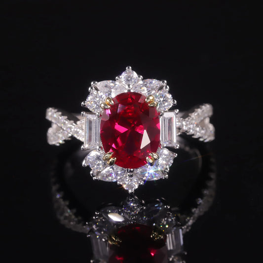 GEM'S BALLET Vintage Style 7x9mm Oval Lab Created Ruby Cocktail Ring 925 Sterling Silver Wedding Bridal Rings For Women 925 Sterling Silver Lab Created Ruby