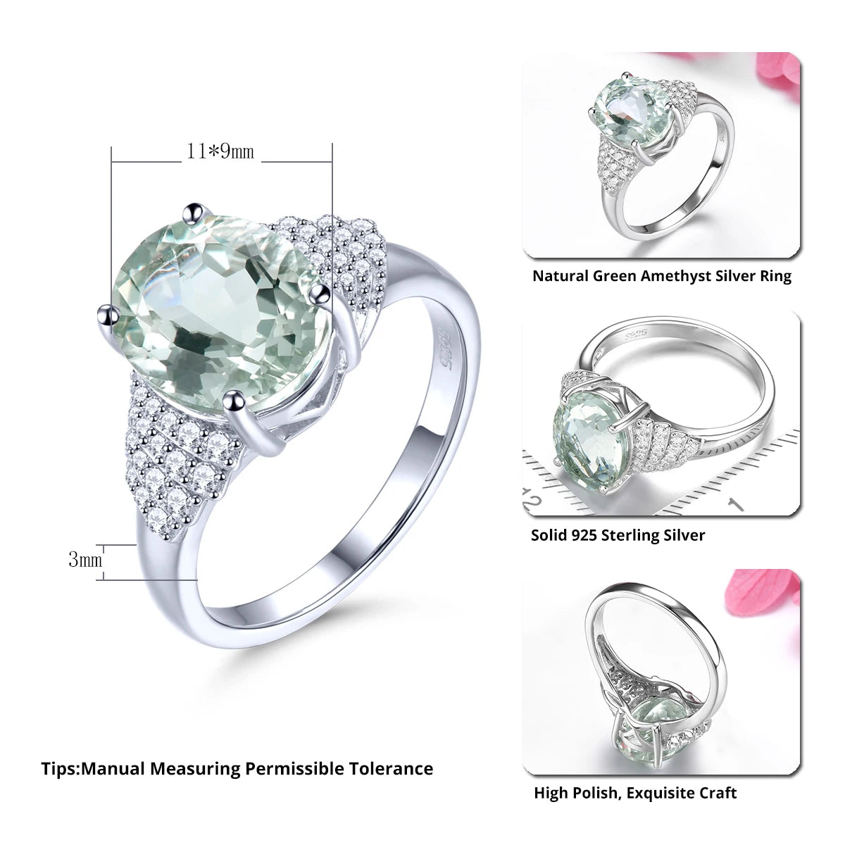 Natural Green Amethyst Silver Rings 6 Carats Amethyst Genuine Purple Crystal Women Romantic Elegant Style S925 Jewelrys Gifts