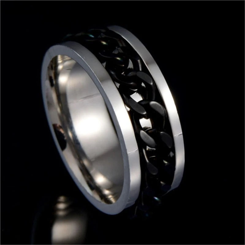 Stainless Steel Chain Rotating Anxiety Black Rings For Men Fidget Metal Spinner Knuckle Ring Anillos De Hombre