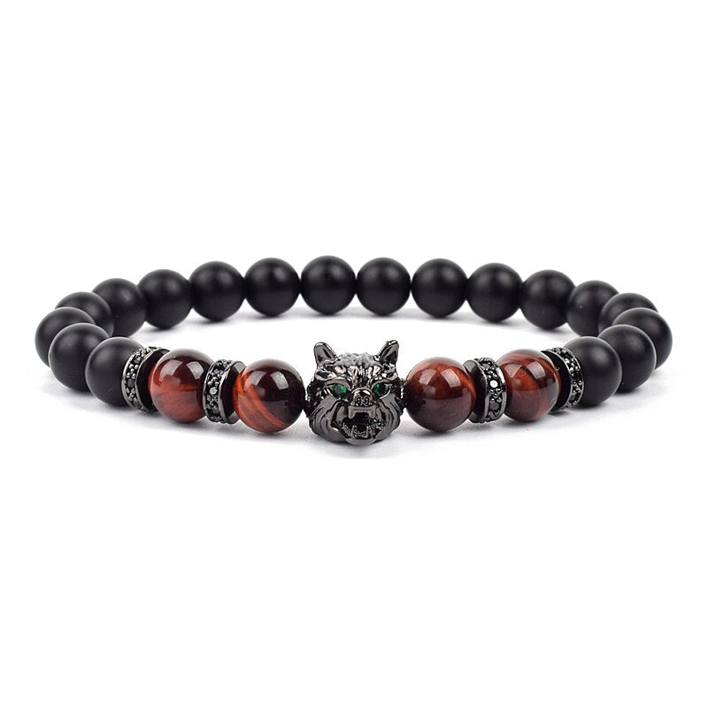 Wolf Charm Bracelets Men Natural Black Agates Onyx Stone Bracelet Brave Blue Tiger Eye Elastic 8 mm Beads Jewelry Beaded Pulsera Red tiger eye