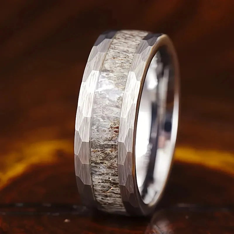 Fashion 8mm Hammered Silver Color Men Stainless Steel Rings Deer Antler Inlay Rings for Men Wedding Band Jewelry Wholesale