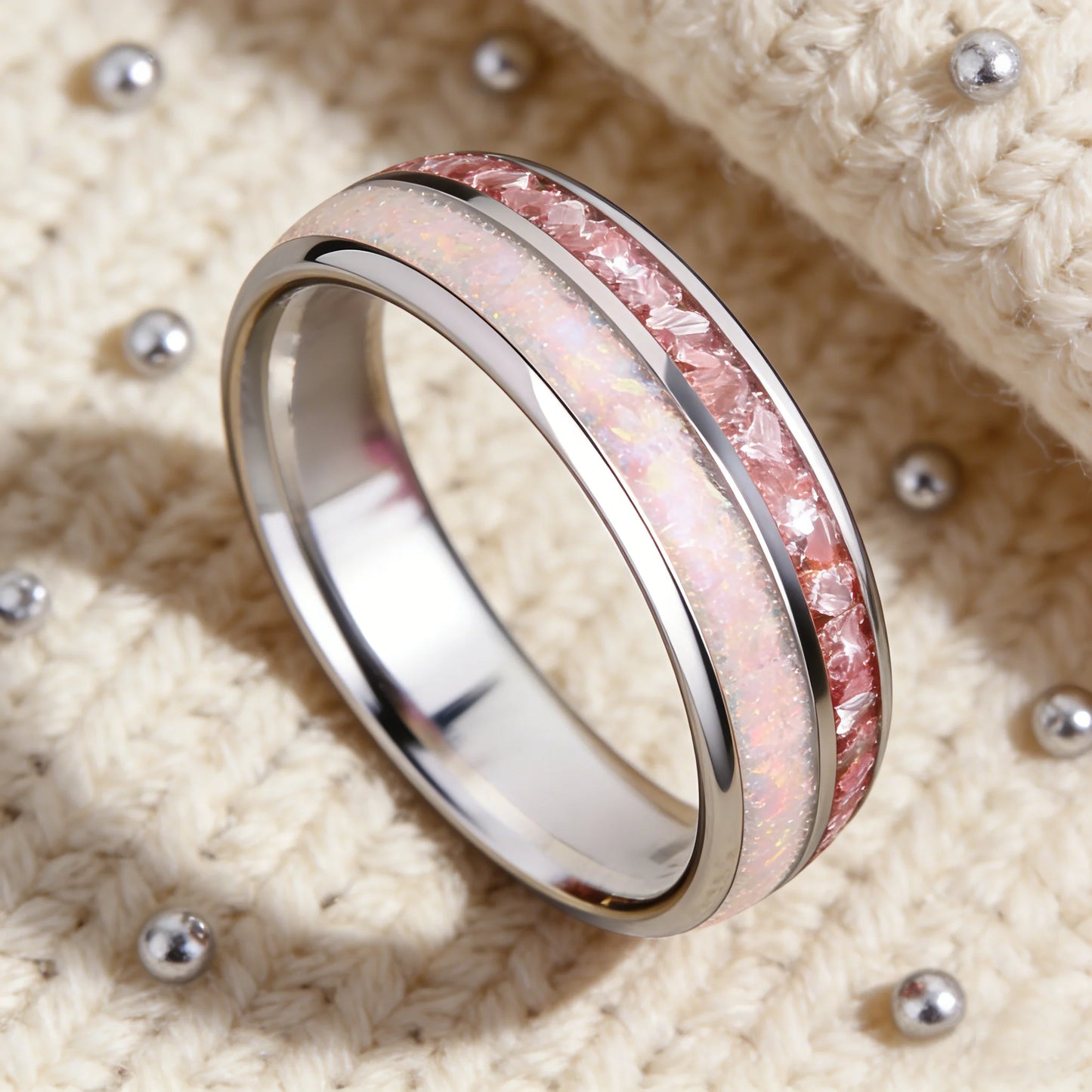Fashion 8mm Silver Color Women Stainless Steel Ring with White Opal and Pink Stone Inlay Rings for Men Women Wedding Jewelry