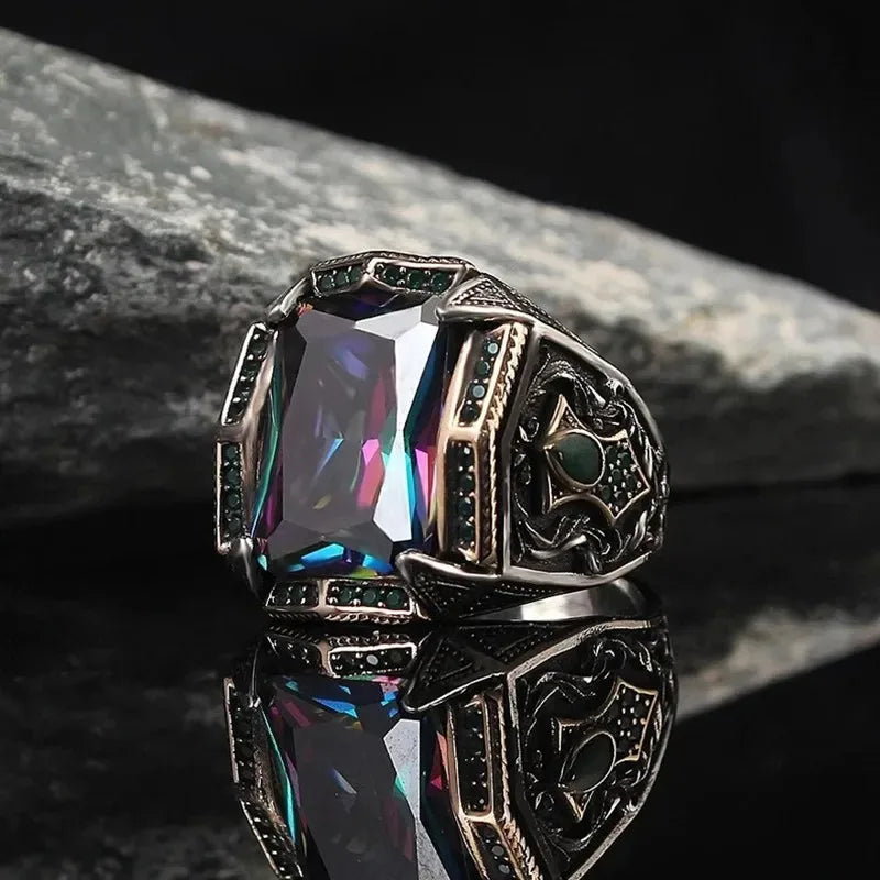 Retro Turkish Handmade Men Rings Vintage Carved Pattern Red/Blue/Rainbow Zircon Rings Rock Punk Islamic Muslim Wedding Jewelry