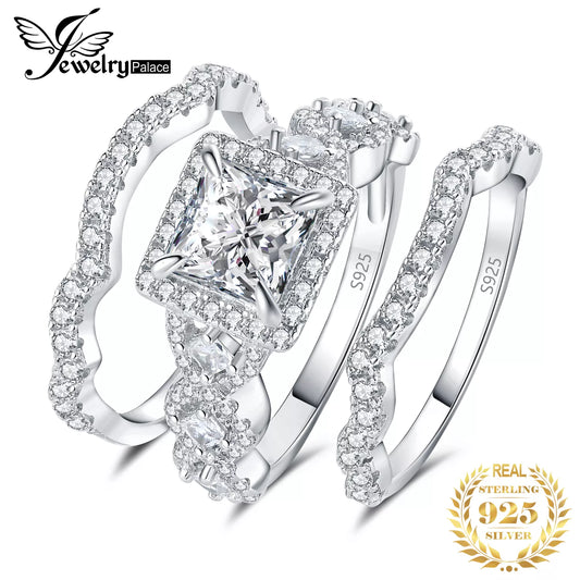JewelryPalace 3Pcs 925 Sterling Silver Halo Wedding Engagement Ring Set for Women 2.9ct Princess Cut AAAAAA CZ Fashion Jewelry 9