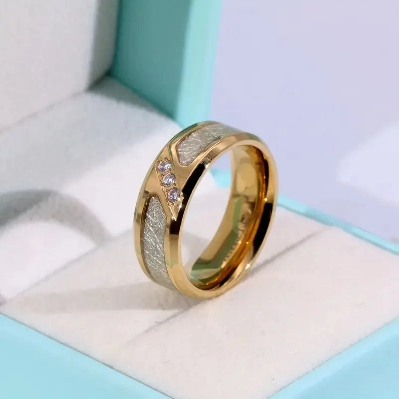 Gold Color Tungsten Carbon Fibre Wedding Rings Trendy 8mm For Men Meteorite Cubic Zirconia Inlaid Stainless Steel Engagement