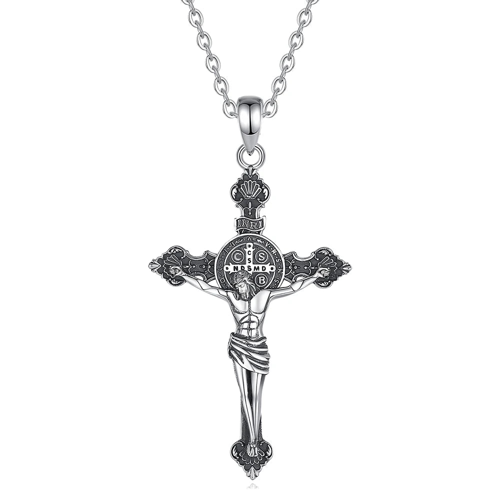 Eudora 925 Sterling Silver Jesus Necklace St. Benedict's Cross Vintage Amulet Pendant Religious Jewelry Gift for Men Women