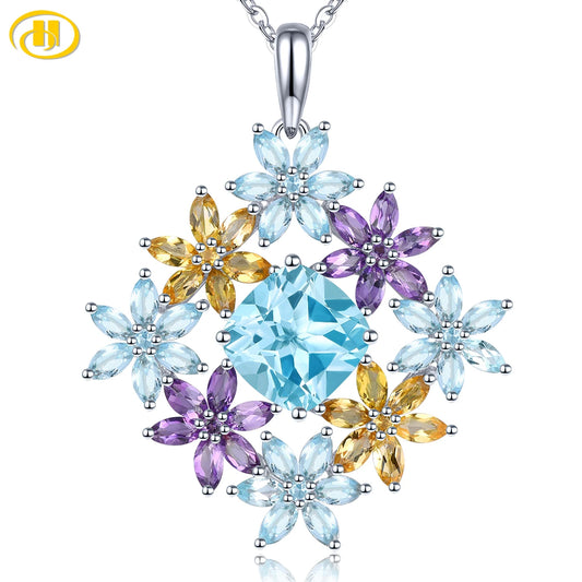 Natural Blue Topaz Solid Sterling Silver Pendant Genuine Multicilor Amethyst Citrine Romantic Elegant Women's Best Gifts