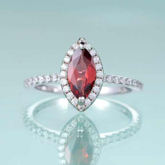GEM'S BALLET February Birthstone MARQUISE CUT 5X10MM Red Garnet Halo Engagement Ring 925 Sterling Silver Dainty Promise Ring