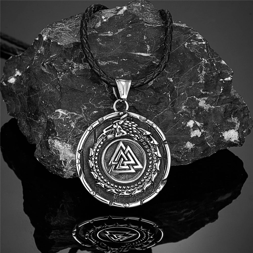 Vikings Ouroboros Dragon Necklace Men Stainless Steel Norse Runes Triangle Pendant Amulet Scandinavian Jewelry Vintage Male Gift