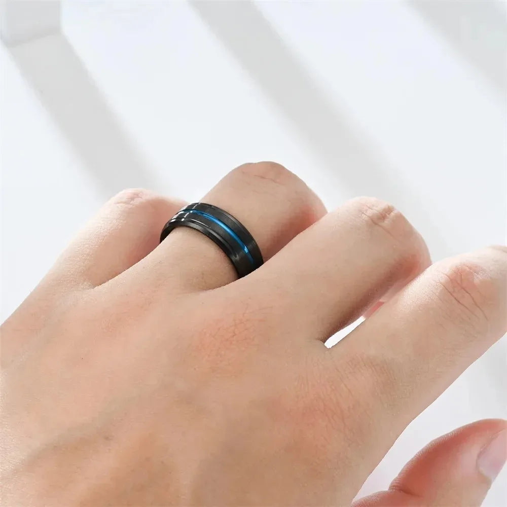 Fashion 8mm Stainless Steel Rings For Men Women Blue Groove Step Edge Black Brushed Engagement Rings Wedding Anniversary Jewelry