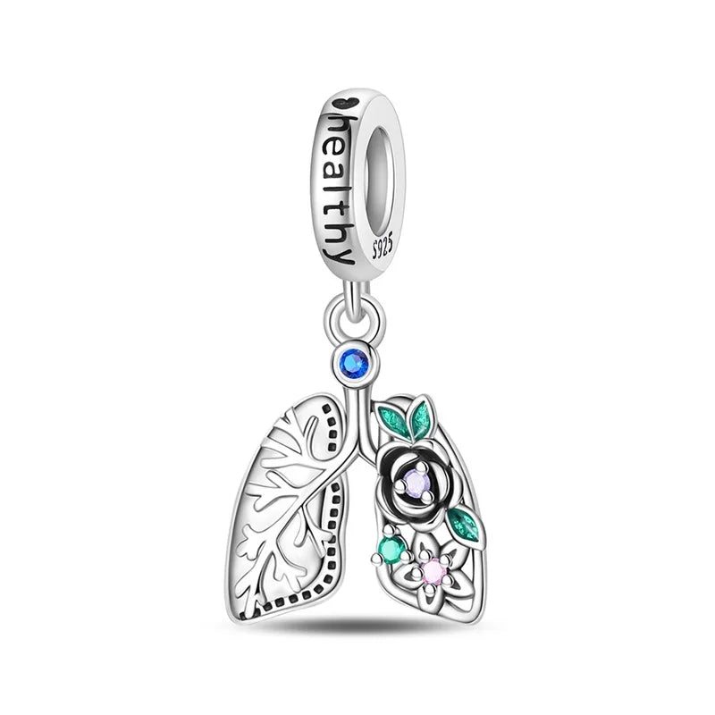Heart & Organ Charm 925 Sterling Silver Red Rose Skull Dangle Pendant Dark Aesthetic Fit Bangle Bracelet Necklace DIY Jewelry