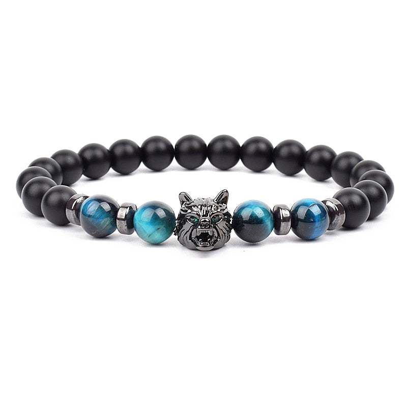 Wolf Charm Bracelets Men Natural Black Agates Onyx Stone Bracelet Brave Blue Tiger Eye Elastic 8 mm Beads Jewelry Beaded Pulsera Blue tiger eye 4