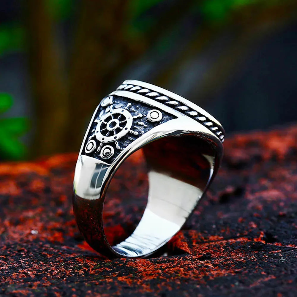 Vintage Pirate Signet Double Knife Skull Rings Men Stainless Steel Viking Compass Ring Biker Amulet Jewelry Gift Drop Shipping