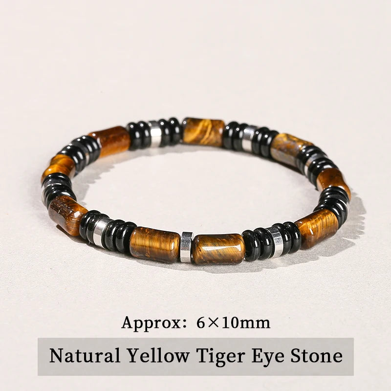 JD Natural Yellow Tiger Eye Stone Tube Shape Bracelets for Women Men Classic Stainless Steel Elastic Bangles Yoga Energy Gifts