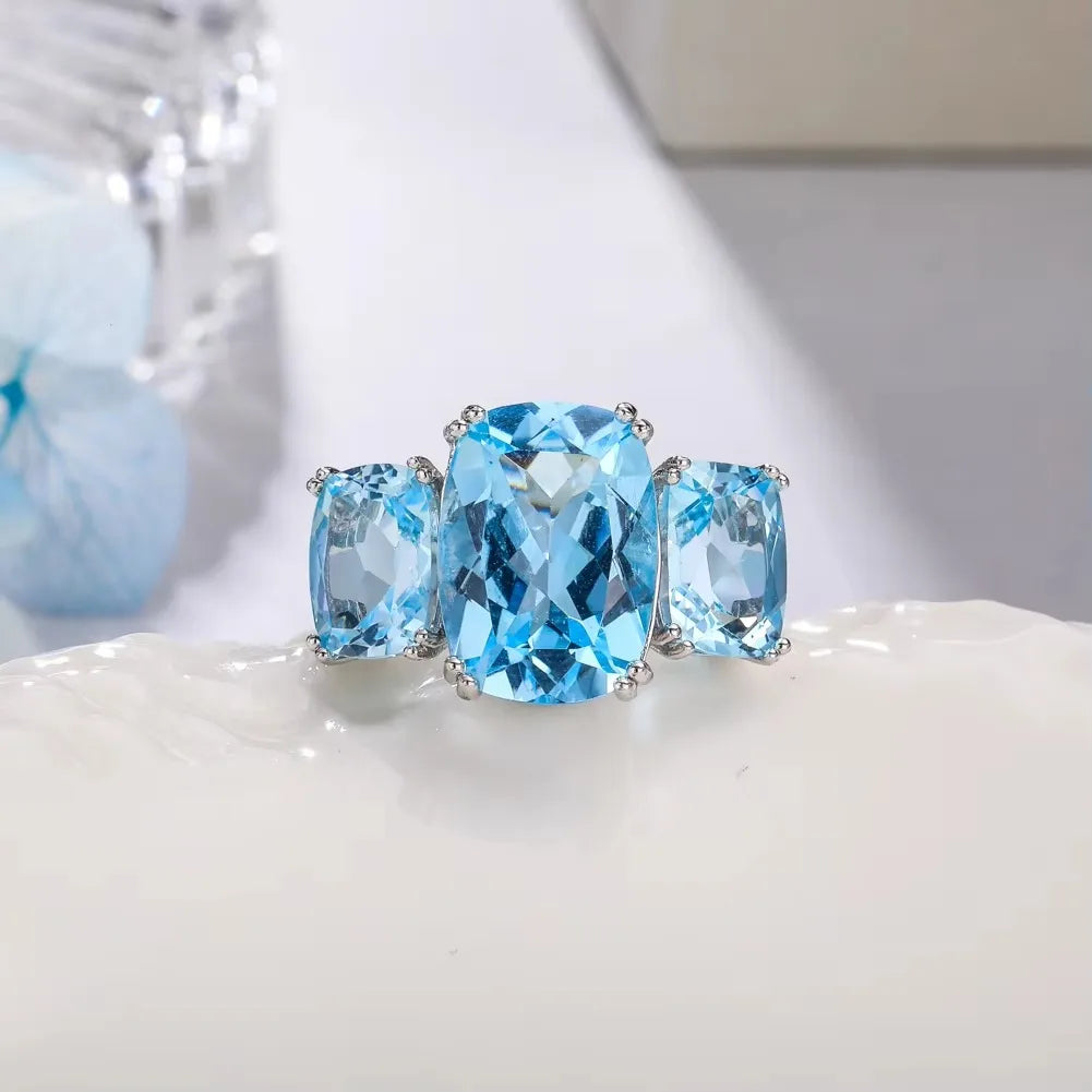 GZ ZONGFA Pure 925 Sterling Silver Natural Sky Blue Topaz 12.9ct Classic Rings For Women Engagemen Wedding Fine Jewelry