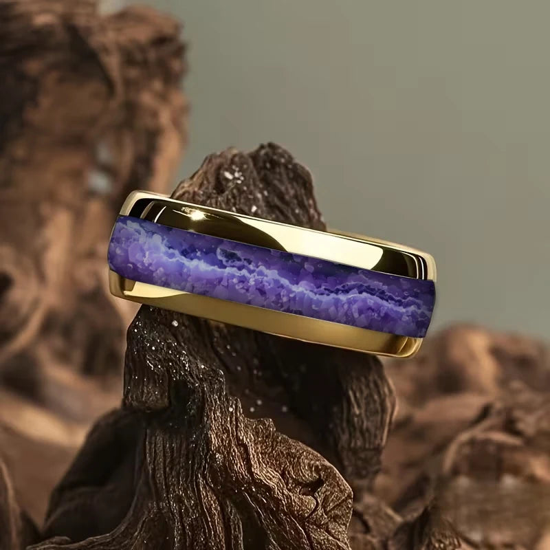 With Blue Gradient Nebula Pattern Rings, 8mm Cosmic Starry Sky Stainless Steel Men Ring, Wedding Band Jewelry Drop Shipping