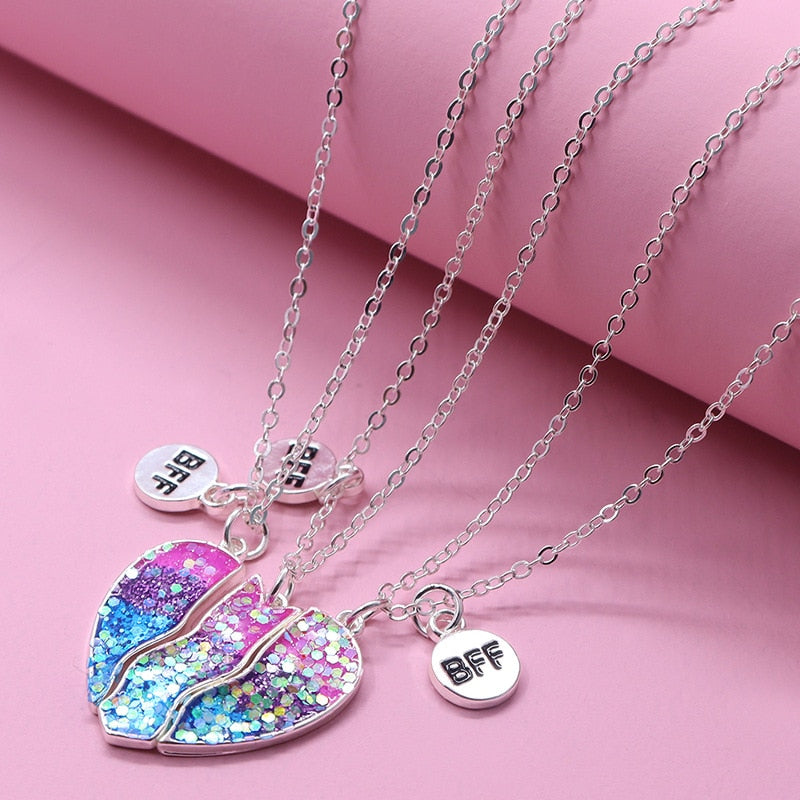 New 3 pack Bff Heart Pendant Necklace Colourful Broken Heart Pendant Chains Necklace For Women Girls Gift