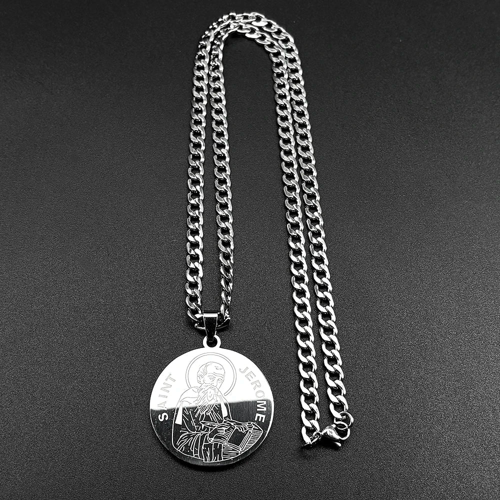 Saint Jerome Protect Us Pendant Necklace for Women Men Stainless Steel Gold Color Christian Medallion Chain Academic Jewelry