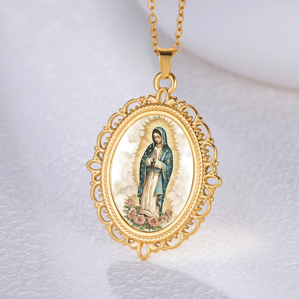 Our Lady of Guadalupe Necklace Catholic Virgin Mary Pendant Religious Faith Pray Protection Amulet Stainless Steel Jewelry