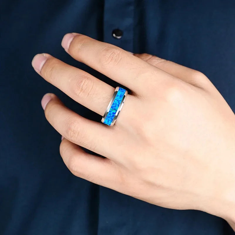 Fashion 8mm Men Silver Color Stainless Steel Rings Inlay Imitation Blue Opal Promise Rings For Men Women Wedding Band Jewelry