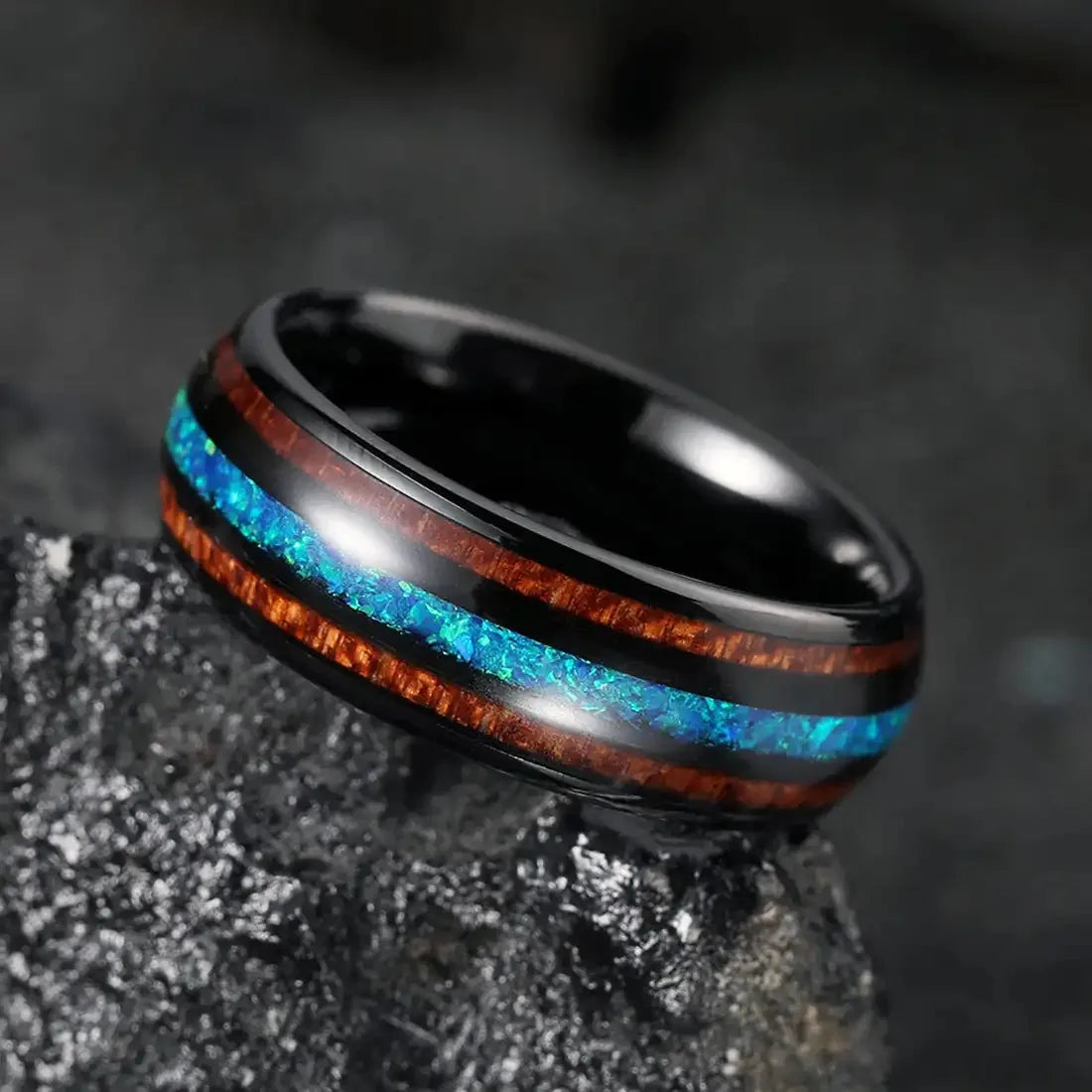 Fashion 8mm Stainless steel Hawaiian Koa Wood Rings For Men WIth Blue Fire Opal Rings Men Wedding Band Jewelry Drop Shipping