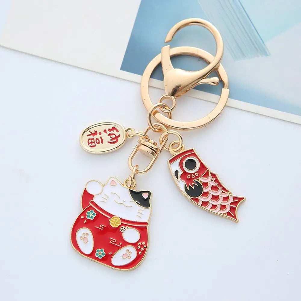 Japanese Style Maneki Neko Keychain Carp Streamer Key Chain For Women Metal Lucky Key Chains Car Bag Pendent red A