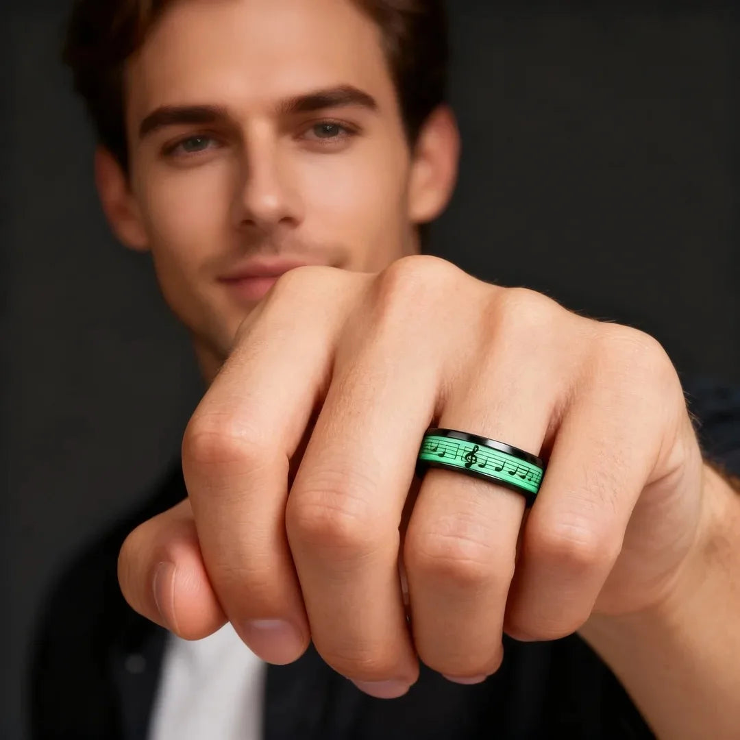Stainless Steel Ring, Glowing In Dark Luminous Rings, Music Stave Pattern Rings for Men Women, Fashion Wedding Bands Jewelry