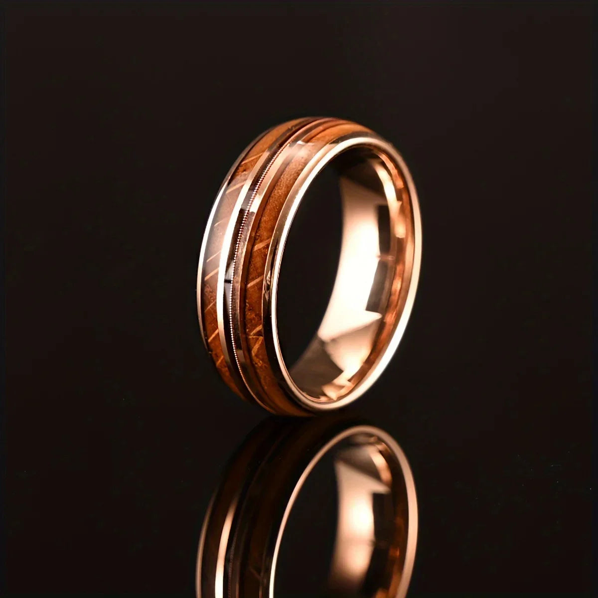 Rose Golden Ring, Inlaid Whiskey Barrel Wooden Grain Guitar String Men's Tungsten Steel Ring
