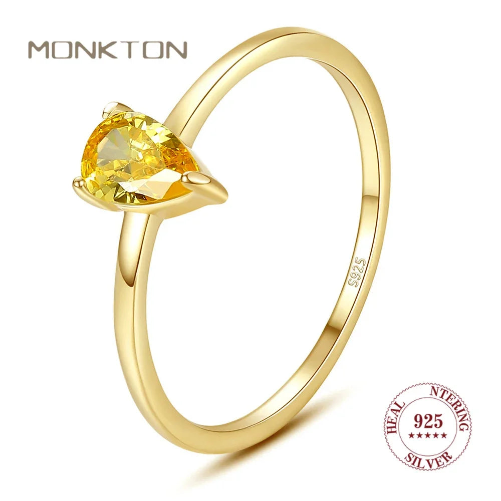 Monkton 925 Sterling Silver Pear Cut Citrine Gemstone Ring for Women Party 18K Yellow Gold Ring for Women Fine Jewelry Wholesale