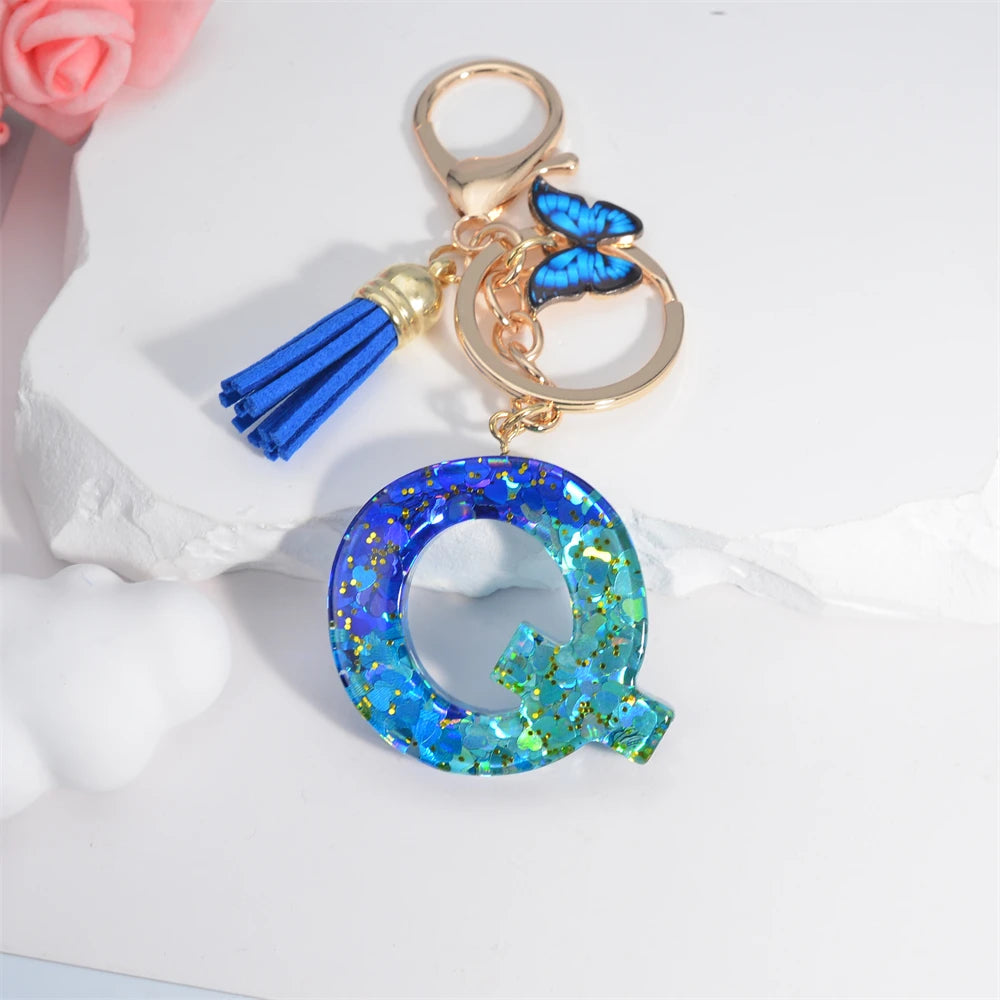 Sea Blue A To Z 26 Letter Keychain Women Wallet Charms 26 Initials Alphabet Butterfly Tassel Pendant With Key Rings Jewelry Gift Q 55mm