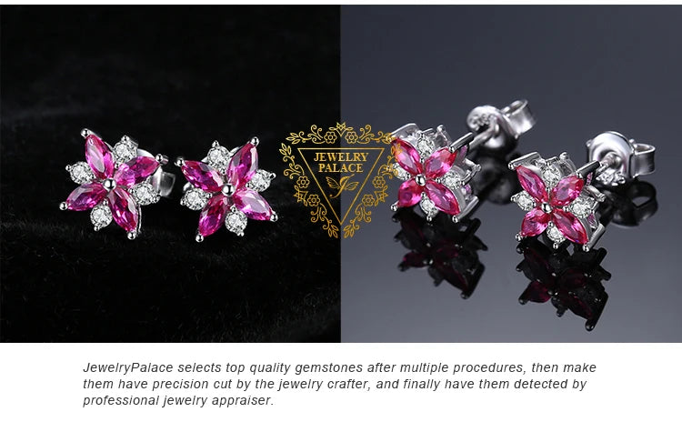 JewelryPalace Flower Cross Created Ruby 925 Sterling Silver Stud Earrings for Woman Statement Gemstone Jewelry Birthday Gift