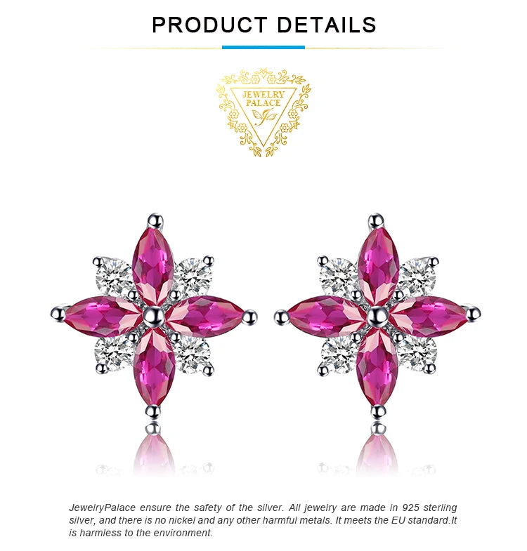 JewelryPalace Flower Cross Created Ruby 925 Sterling Silver Stud Earrings for Woman Statement Gemstone Jewelry Birthday Gift