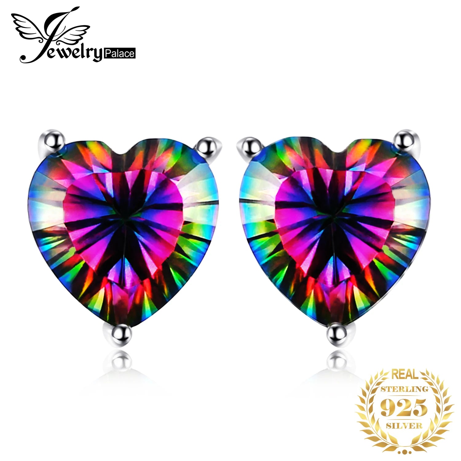 JewelryPalace Heart Natural Rainbow Fire Mystic Quartz 925 Sterling Silver Stud Earrings for Women Colorful Gemstone Jewelry CHINA