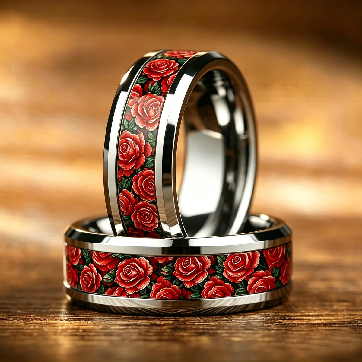 Women's Stainless Steel Ring Red Rose Flower & Green Leaves Inlay Wedding Band Romantic Valentine Floral Pattern Finger Jewelry
