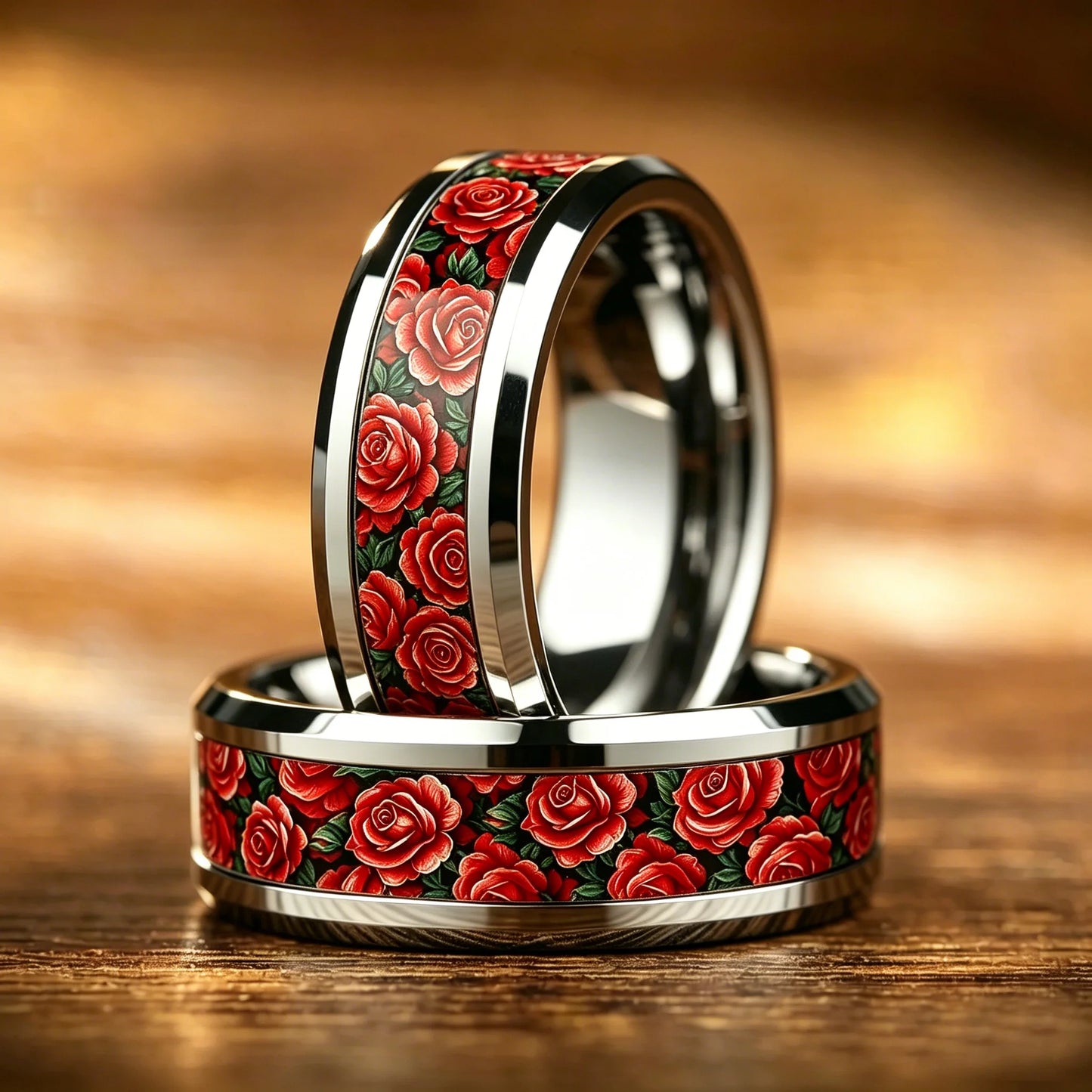 Women's Stainless Steel Ring Red Rose Flower & Green Leaves Inlay Wedding Band Romantic Valentine Floral Pattern Finger Jewelry