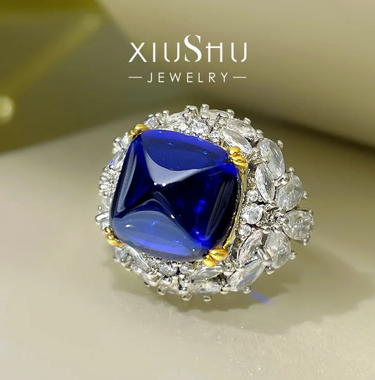 Xiushu High Definition Sugar Tower Ring Royal Blue 925 Sterling Silver Heavy Industry Hero Inlaid Quality Precision Index R Black