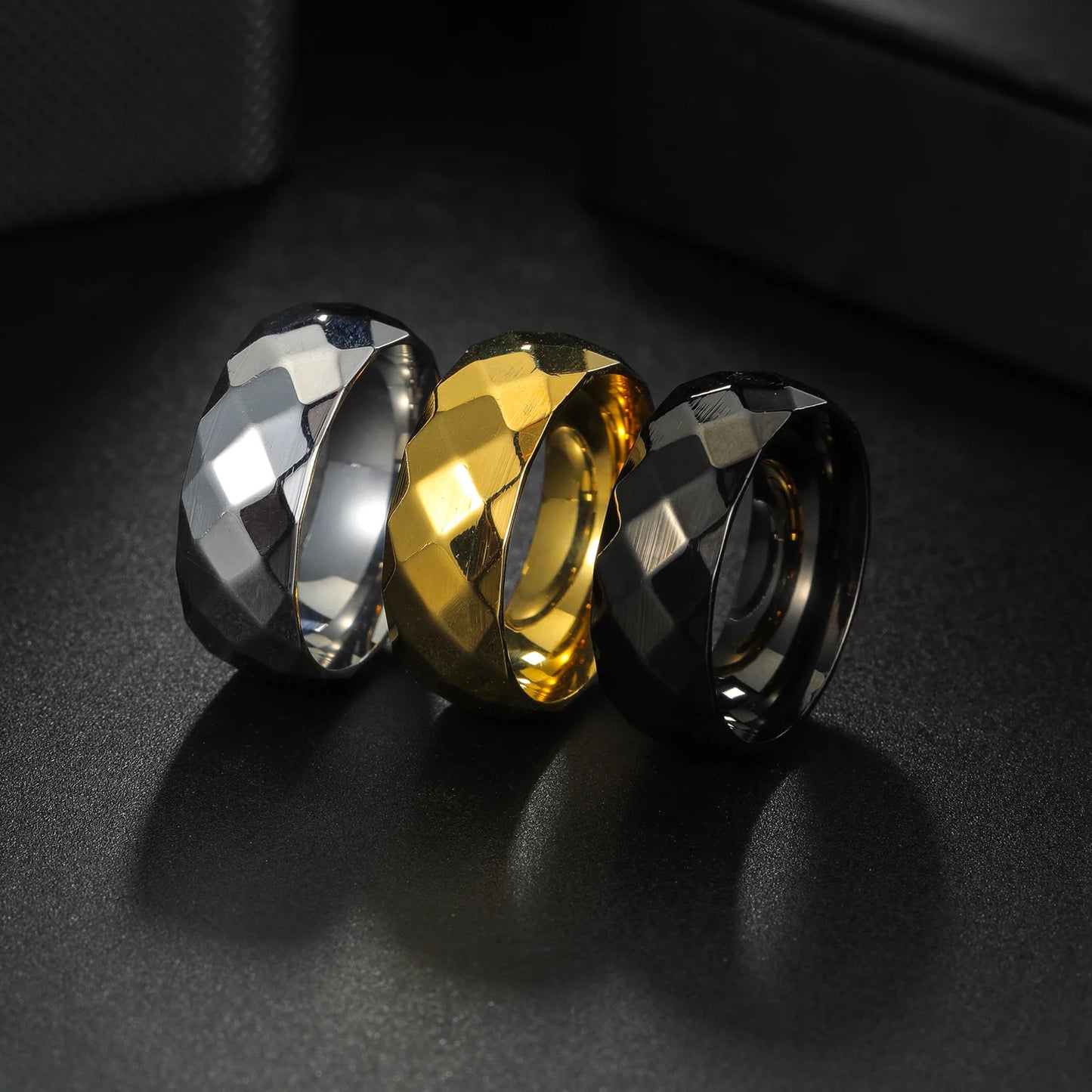 8mm width polished faceted silvery color men's Stainless steel ring USA size 6-13