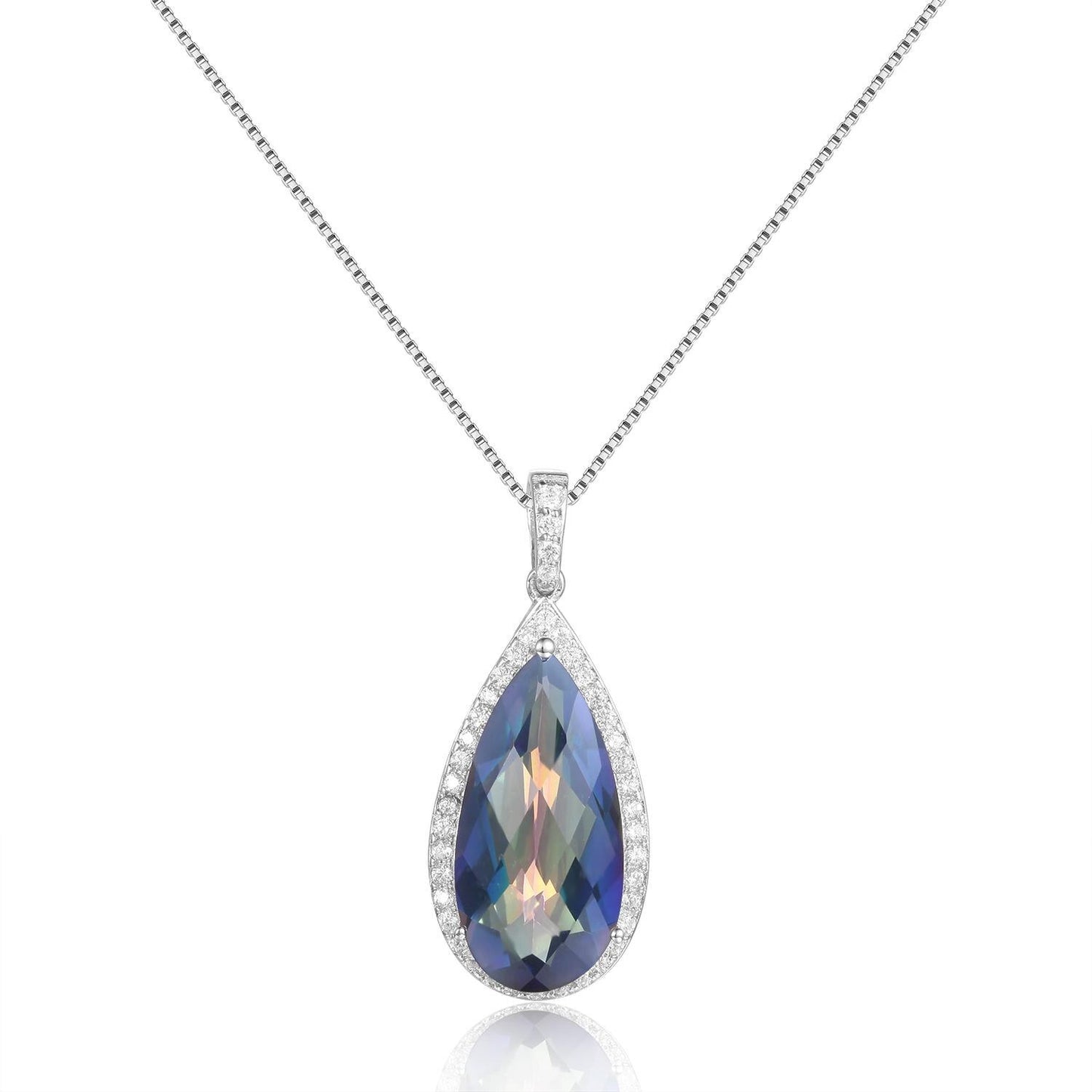 GEM&#39;S BALLET 7.89Ct 10x20mm Pear Shape Rainbow Mystic Topaz Gemstone Halo Pendant Neckace in Sterling Silver Gift For Her Mystic Quartz 45cm|925 Sterling Silver