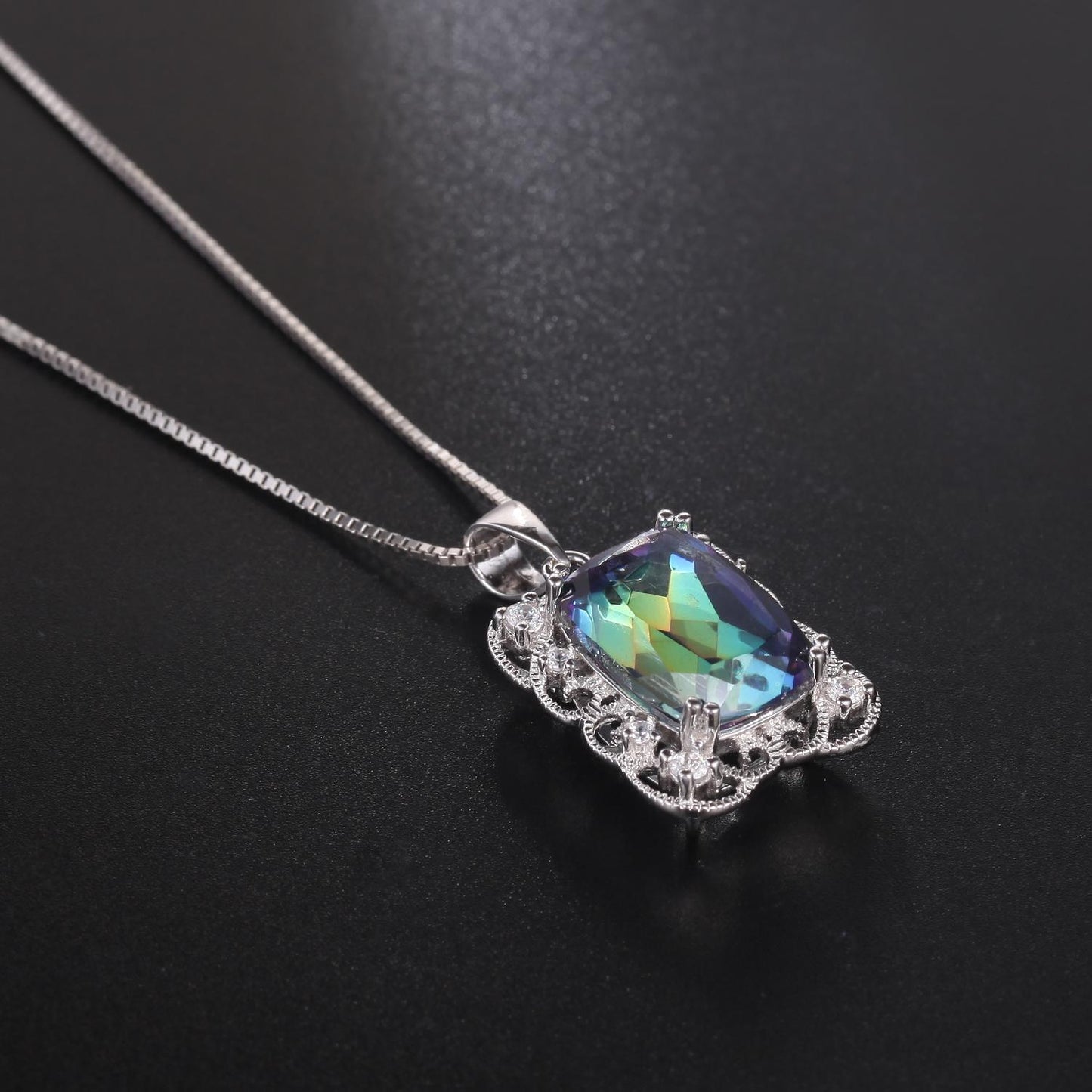 GEM&#39;S BALLET Delicate Lace Necklace 9.66Ct 10x14mm Cushion Fire Mystic Topaz Gemstone Pendant Neckace in Sterling Silver