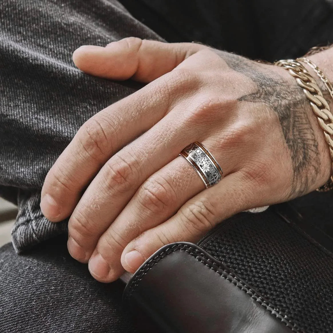 Hiphop Steampunk Men Black Stainless Steel Gear Wheel Rings Koa Wood Inlay Black Carbon Fiber Rings for Men Rock Biker Jewelry