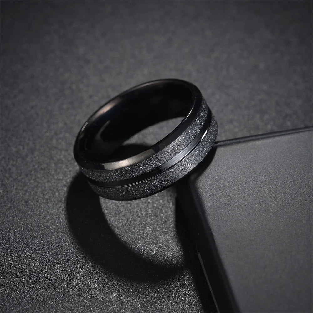 Fashion 8mm Men Black Stainless Steel Rings Sandblasted Finish Finger Rings For Men Everyday Wear Wedding Band Jewelry Wholesale