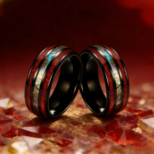 Fashion Colorful Abalone Shell and Red Meteorite Inlay Rings, 8mm Black Stainless Steel Rings for Men, Men Wedding Party Jewelry