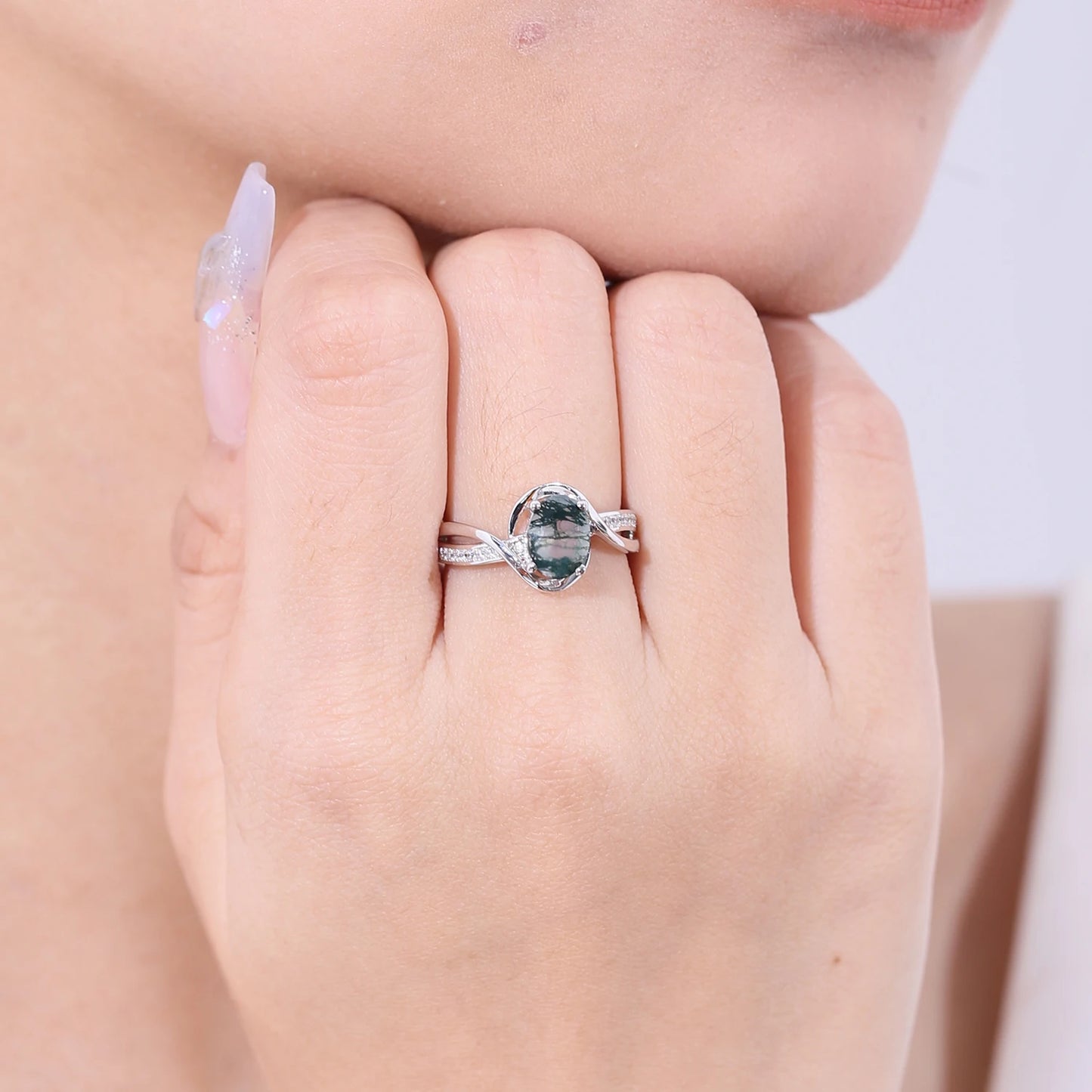 GEM'S BALLET 1.3Ct Oval Cut Natural Moss Agate Gemstone Engagement Rings 925 Sterling Silver Twist Side Stone Ring Gift For Her