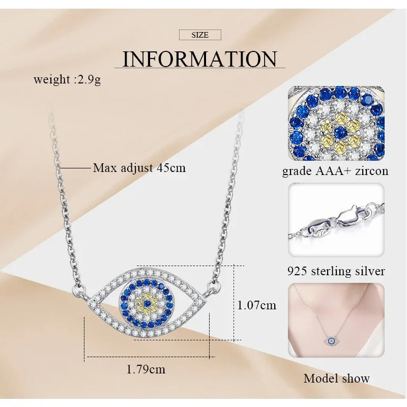 Kaletine Authentic 925 Sterling Silver Evil Eye Necklace Lucky Blue Eyes Punk Pendant Necklaces for Women Collares Fine Jewelry