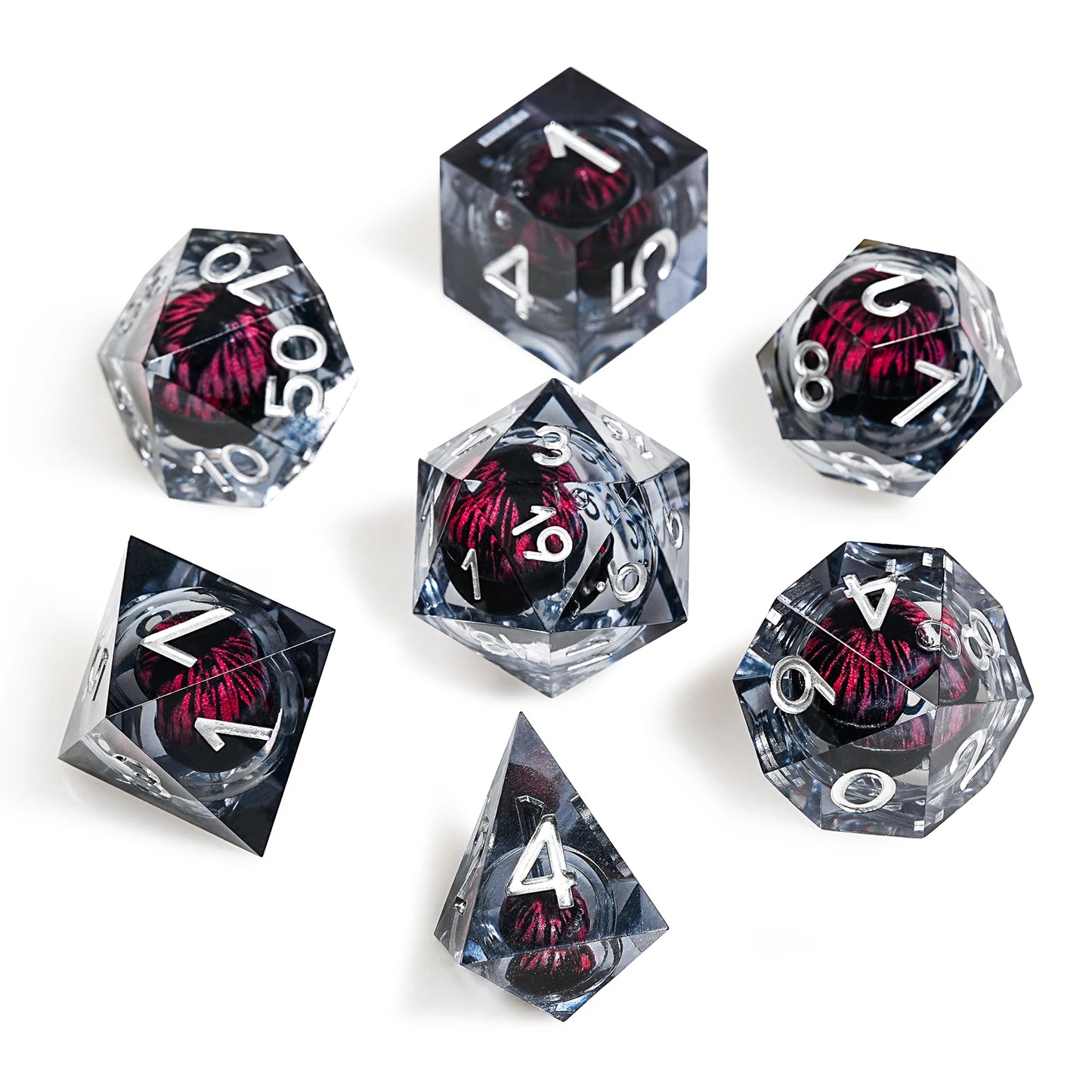 1-7pcs Dargon Eye DND Dice Set Cat Eye Liquid Core Milk Cat Sharp Edge Handmade Polyhedral Resin Dice for Multi-Sided RPG D6~D20 7pcs Black Whtie